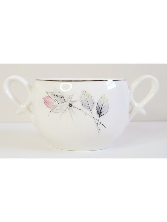 Canonsburg Other - MCM Porcelain Sugar Bowl Pink & Gray Floral Design Silver Trim Vtg Tableware